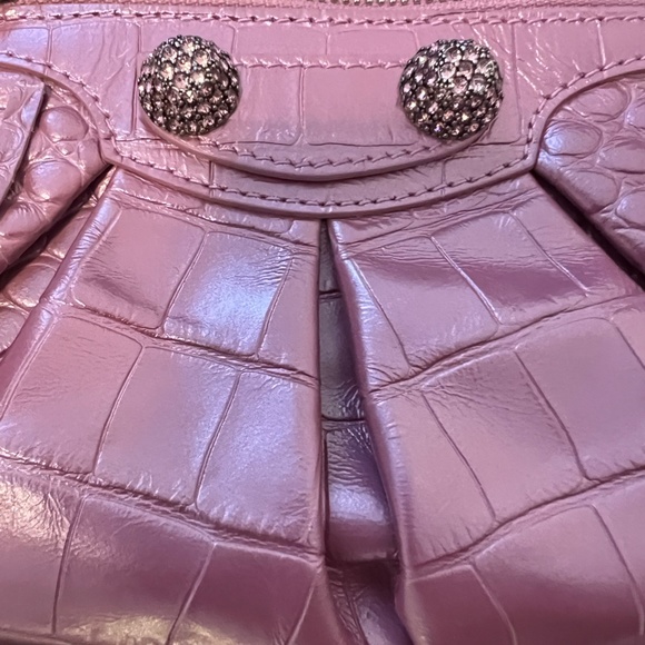 WOMEN'S LE CAGOLE METALLIC PINK SHOULDER BAG CROCODILE EMBOSSED WITH RHINESTONES - Picture 13 of 15